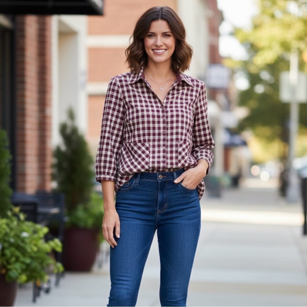 CHRISTOPHER & BANKS Checkered Snap Front  Closure, Women’s M, Red Wine White